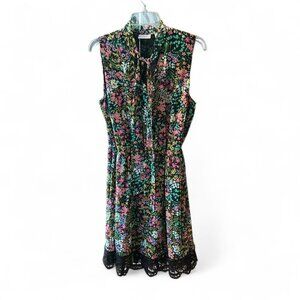 Black Multi-colored floral lace dress with black lace trim‎ and tie neck Medium